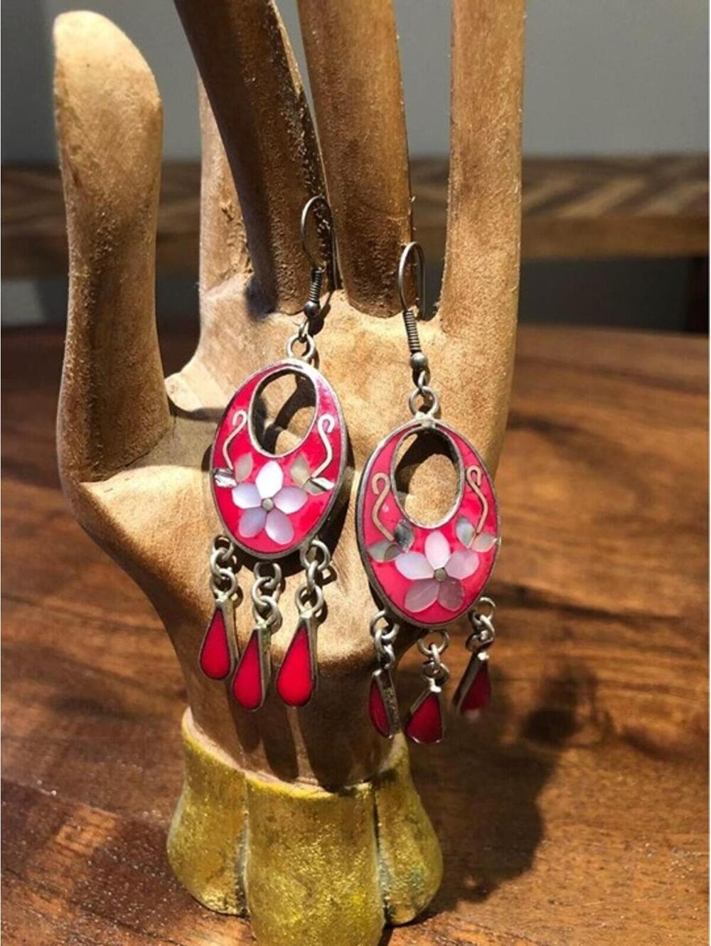 Hot pink Floral shell Dangle drop Fish hook Earrings